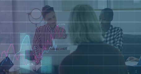 Poster - Animation of financial data processing over diverse businesspeople in office