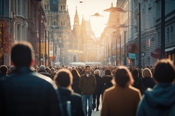 Poster - A large crowd of people walking down a street in a city. Many people walk on the street in the winter cold season on the golden hour in the main area of the city.