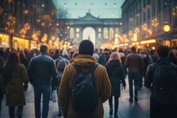 Poster - A large crowd of people walking down a street in a city. Many people walk on the street in the winter cold season in the evening time at the main area of the city.