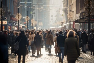 Poster - A large crowd of people walking down a street in a city. Many people walk on the street in the winter cold season in the evening time at the main area of the city.