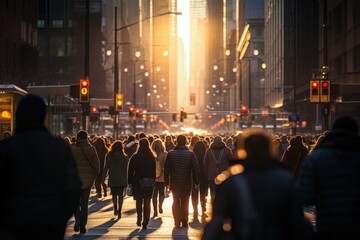 Poster - A large crowd of people walking down a street in a city. Many people walk on the street in the winter cold season on the golden hour in the main area of the city.