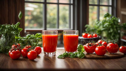 Wall Mural - Fresh tomato juice in a glass, basil on kitchen background