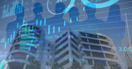 Poster - Animation of financial data processing over people silhouettes and cityscape