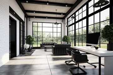 Wall Mural - Interior of modern office with white brick walls, tiled floor, black computer tables and panoramic windows