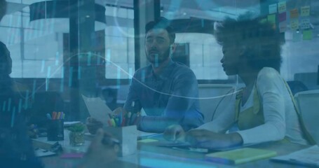 Poster - Animation of financial data processing over diverse business people in office