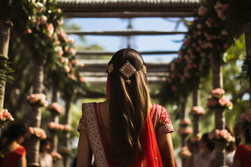 Indian bride at wedding ceremony in traditional clothes, back view