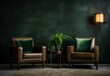 Brown leather sofa armchairs with green velvet terra cotta cushions and round table with plant and lamp against dark green wall. Modern classic style living room design.