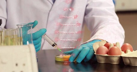 Poster - Animation of dna strand rotating over midsection of scientist testing egg