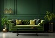 Dark olive green sofa with parrot green and olive green terra cotta pillows against molding wall. Coffee or tea table, plants, and decor. Royal family modern interior design of living room.