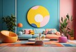 Blue and peach color sofa and round coffee table over a colorful rug. Colorful molding wall with circle design and plansts near. Colorful pop art style home interior design of modern living room.