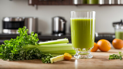Sticker - Fresh celery juice in a glass, against the kitchen