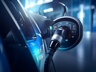 charging EV car electric vehicle clean energy for driving future, eco-friendly alternative energy concept, futuristic hybrid vehicle charge battery electric on station, ai generated photo