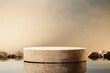 © Kassiopeia  - Beige stone podium standing in water. Mock up for product, cosmetic presentation. Pedestal or platform for beauty products. Empty scene. Stage, display, showcase. Podium with copy space.