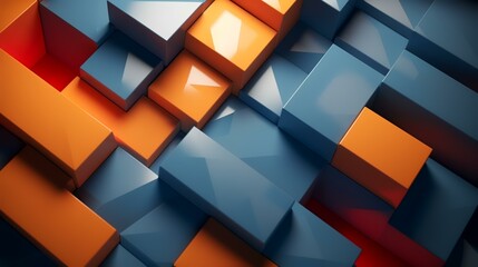 Wall Mural - Abstract 3d rendering of geometric composition with blue, orange and red cubes