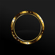 Vip label with round golden ring frame shield sparks on black background. Dark glossy Sheild premium template. Vector design element luxury illustration