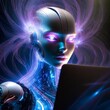 Humanoidalny robot przyszłości patrzący w ekran laptopa. Motyw sztucznej inteligencji rozwoju technologii, robotyka, fale mózgowe, połączenie zdalne