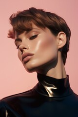 Wall Mural - a beautiful spanish woman, short hair away from the face, minimal, modern, rose gold hue, pink background , wearing a tight black turtleneck, glowing skin, low angle. generative AI