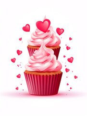 Wall Mural - Illustration of a cupcakes with frosting and hearts decorations on white background 