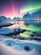colorful northern lights in the far north. Bright color reflection in the lake