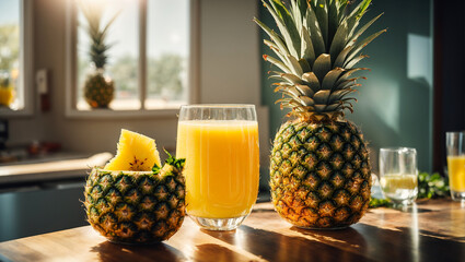 Fresh pineapple juice in a glass, on kitchen background
