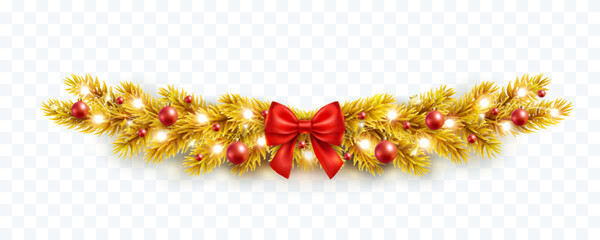 Wall Mural - Christmas tree border with golden fir branches, red bow, balls and lights isolated on transparent background. Pine, xmas gold evergreen plants decoration. Vector string garland decor