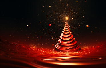 Wall Mural - Christmas New Years background with swirly Christmas tree on red background. Golden glitter garland lights