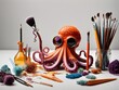 A whimsical octopus holding a different artistic tools, symbolizing creativity