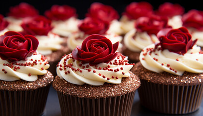 Canvas Print - Freshly baked cupcakes with creamy icing and chocolate decorations generated by AI