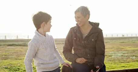 Canvas Print - Happy, park and grandmother hug child outdoors for playing, bonding and relationship in field. Family, love and grandma embrace boy for freedom on holiday, vacation and weekend together in nature