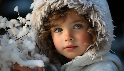 Sticker - Cute Caucasian child smiling, playing in winter snow outdoors generated by AI