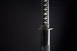 Horizontal photo of sheathed katana with details of the handle and sheath, traditional Japanese sword isolated on black background