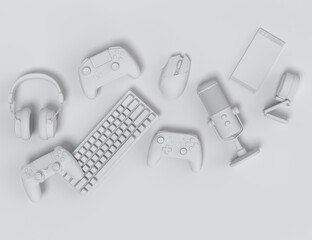 Poster - top view gamer gears like joystick, keyboard, headphones and microphone
