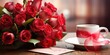 Red roses and cup of coffee on table. Generative AI.