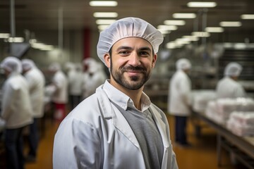 Food industry, man in white coat and safety cap on the background of blurred food production workshop, food quality control