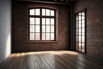 Poster - Empty room with brick wall, window and wooden floor