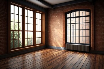 Poster - Empty room with brick wall, windows and wooden floor