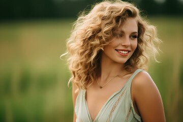 Wall Mural - a woman, beautiful, smiling, blonde curly hair, green eyes, light skin, wearing a dress with large decolette, light red lipstick. generative AI