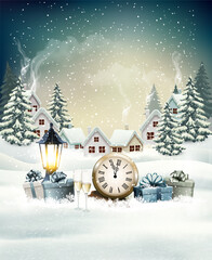 Wall Mural - New Year and Christmas background with lantern and colorful gift boxes, vintage clock and glasses of champagne and snowy winter village. Vector