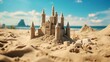 sandcastle made by children with jumps on a summer beach, toys around, copy space, 16:9