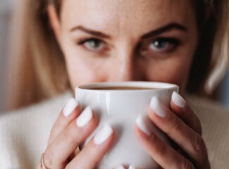 Poster - Woman holding a cup of coffee. Drink morning. A girl in a cozy house drinks a hot drink