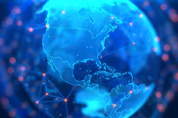 Blue holographic globe with nodes connected around earth. Concept of global network connection, communication technology, fintech, data exchange, worldwide exchange of information and online banking.