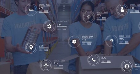 Poster - Animation of data processing over diverse male female volunteers opening donation bags at warehouse