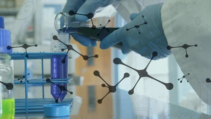 Sticker - Animation of nucleotides over cropped hand of caucasian researcher pouring chemical in test tube