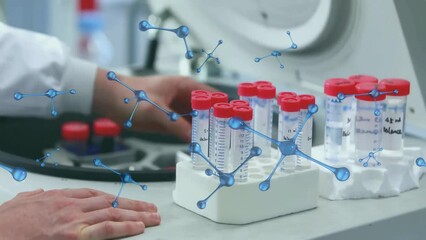 Poster - animation of nucleotides over caucasian researcher placing liquid filled test tubes in centrifuge