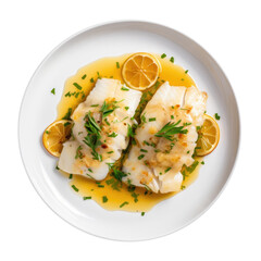 Wall Mural - A Plate of Baked Cod with Lemon Sauce Isolated on a Transparent Background