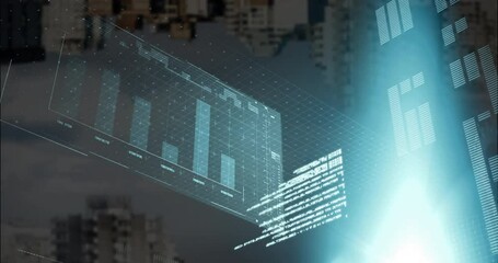 Poster - Animation of graphs, loading bars and computer language over modern buildings against cloudy sky