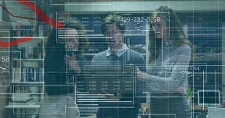 Poster - Animation of graphs, changing numbers, loading circles, bars, diverse coworkers discussing reports