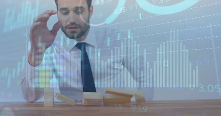 Poster - Animation of graphs and trading board, caucasian businessman playing with wooden blocks