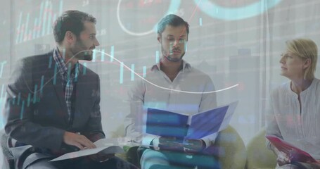 Poster - Animation of loading bars, graphs and trading board over diverse coworkers discussing reports