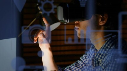 Poster - Animation of computer application icons over biracial man gesturing while using vr headset